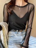 Korean Fashion Mesh T-shirts Women Vintage Transparent Tops for Women Loose White Transparent Office Lady