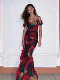 Boho Print Cold Shoulder Vacation Beach Dress Women Summer Clothes Sexy See Through Spaghetti Strap Club Party Dress