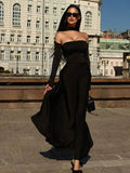 Off-Shoulder Long Sleeve Flare Maxi Dress- Outfit