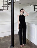Lady Elegant Hanging Neck Off Shoulder Round Neck Jumpsuit Women's Sleeveless High Waist Slim Fit Wide Leg Jumpsuit