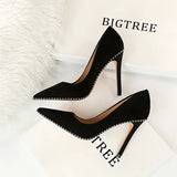 Zingj Sexy Nightclub Show Slim Ultra Thin With Fine Heel Suede Shallow Metal Chain Pointed Women's Single