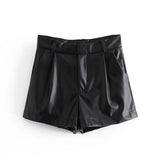 Spring Style Pleated Leather Solid Color Fashion Trendy Shorts