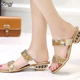 Sequin Slippers Women Summer Luxury Golden Square Heel Party Shoes Slides Woman Open Toe Med Heels Beach