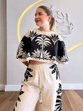 Printed Pants 2 Piece Sets Women Fashion O Neck Short Sleeved Cropped Tops And Wide Legs Pant Suits Lady Causal