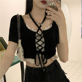 Sense Bandage Hanging Neck Short Sleeved T-shirt Women's Summer Hot Wind Short Girl One-Shoulder Chic Top Tshirt