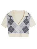 Crop Tops Women Summer Short Sleeve Lattice V-neck Sexy Slim Sweater POLO Neck Pullover Casual Clothes Female