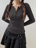 Retro Knitted Y2K Basic Autumn T-shirts Women Long Sleeve Buttons Up Fairycore Sweat Tee Chic 90s Top Outfits