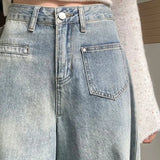 Women Jeans Denim Trousers Washed Retro Vintage Mopping Irregular Fashion Pocket Wide Leg Leisure Street Kpop Y2k