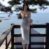 Zingj Pink Lace Sexy Sling Dress Women's Summer Waist V-Collar Knitted Skirt Hollowed-Out Hip