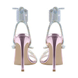 Onlymaker Women's Summer Crystal Lace-Up Stiletto High Heel Sandals Multicolor Square Toe Cross Strap PVC Bling