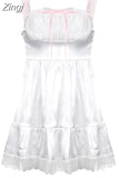 Kawaii Fashion Style Lace Trim Patched White Dress Summer Cute Sweet Bow Ruched Female Dress Lolita Sexy Sundress