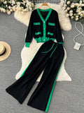 Fashion Contrast Color Patchwork Women Knit Sweater Pants Sets V-neck Knit Cardigan Top + Wide Leg Pants Two Piece