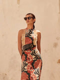 Printed Halter Tassel Slim Women's Robes Elegant Backless Sleeveless Maxi Dress 2024 Summer Ladies Party Evening