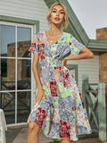 Printed Casual Beach Midi Dresses Women Summer V-neck Short Sleeve Empire Waist A-Line Dress Sundress Vestido Robes
