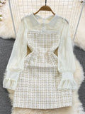Fashion Women Woolen Tweed Dress Autumn Winter Plaid Tweed Patchwork Chiffon Long Sleeve A Line Elegant Short