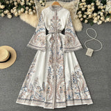 Zingj Dress New Vintage Print Round Neck Horn Sleeve Dress Women's Single Breasted Large Pendulum Irregular Pleated Long