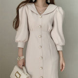 Zingj Wind Chic Minimalist Temperament Lapel Single Breasted Waist Bubble Sleeve Package Hip Fish Tail Dress Dress