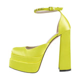 Onlymaker Square Toe Sandals Platform Thick High Heels Solid Mixed Colors Crystal Buckle Stain Sandals Graceful Women