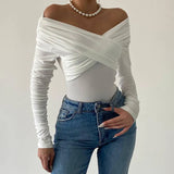 Zingj And Autumn New Women's Shoulder V Neck Pleated Long Sleeve Jacket Tight Temperament
