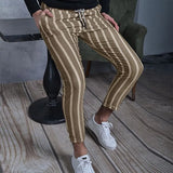 Casual Spring Summer Trouser Vintage Striped Printed Slim Pencil Pants Men Mid Waist Elastic Skinny Pants Men