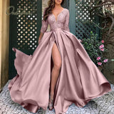 2022 Spring Autumn Floor Length Long Party Dress Elegant Lady Lace Sexy Split Satin Maxi Dress Plus Size