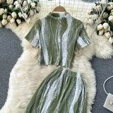 Striped 2pcs Set Women Summer Stand Collar Short Sleeve Tops + High Waist Pants Pleated Draped Suit Female