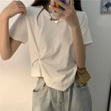 Women Summer Solid Pleated Design Tops O-neck Short Sleeve Loose All-match Korean Style Breathable Streetwear