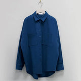 New Spring Double Pockets Turn-down Collar Cotton Women's Blouse Casual Loose Female Blouse Tops Workwear