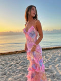 Gradient Mesh Ruffles Patchwork Sling Dress Women Summer V Neck Backless Long Dresses 2024 Fashion Female Holiday
