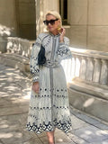 Women Elegant Ink Style Print Midi Dress With Belt Lantern Long Sleeve O-neck Dresses 2024 Chic Lady Casual Vacation