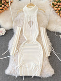 Women Sexy Sweater Dress Open Chest Backless Ribbon Strap Tops Turtleneck Long Sleeve Lacing Up Bodycon Knit Bandage