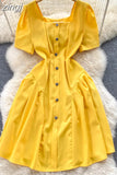 Vintage Square Collar Single Breasted Mini Dress Women Elegant Short Sleeve High Waist Ruffle Patchwork Casual