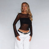 Summer New Round Neck Long Sleeve Mesh Perspective Exposed Waist Top With Hot Girl