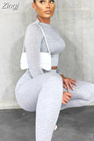 Women 2 Piece Set Solid Color Fall Autumn Fall Suit Sets Long Sleeve T-shirt Crop Tops High Waist Leggings Gym Workout