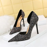 Zingj Sexy Banquet High Heels Fine Heel Super High Heel Shallow Mouth Pointed Side Hollow Out Shining Sequined Single