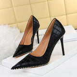 Zingj Retro Stone Grain High Heels Women's Shoes Heel High Heel Shallow Pointed Metal Beads Rivet Women's Singles