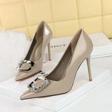 Zingj Banquet Rhinestone Belt Buckle Women's Shoes Patent Leather Shallow Pointed High Heel Single