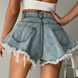 New Women Denim Shorts With Holes And High Waist Loose Tassel Jeans