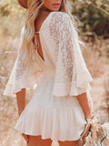 Women Deep V-Neck Boho Dress Bat Flared Sleeves Lace Button Cake Dress Casual Ruffle Flowy Mini Beach Dress 2023