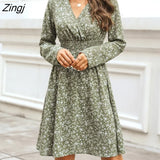 Ditsy Floral Smocked A-Line Midi Dress For Woman Sexy V-neck Long Sleeve Party Dress 2023 Spring Autumn Female