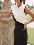 Women Fashion Contrasting Hollow Out Maxi Dress Elegant O Neck Sleeveless High Waist Long Dresses Summer Lady Chic Party