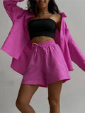 Loungewear Matching Set 2022 Summer Cotton Women Tracksuit Long Sleeve Oversized Shirt Tops And Mini Shorts Two Piece