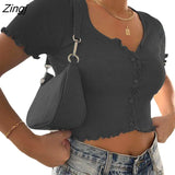 Women Summer Slim Solid Color Button T-shirt Korean Short Sleeve V-neck High Waist Exposed Navel