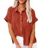 Summer New Women's Solid Color Linen Shirt Short Sleeve Casual Loose