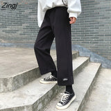 Women Female Woolen Schoolgirls Ulzzang Loose Wide Leg Trouser High Elastic Waist All-match Thicker Slouchy Jean Chic