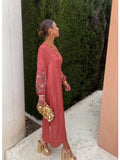Flower Embroidery V-neck Loose Maxi Dress Women Casual Loose Long Lantern Sleeve Split Robes Summer Lady Holiday