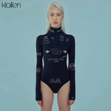 Fashion Print Letter Skinny Casual Turtleneck Long Sleeve Spring Bodysuit Women Simple Basic Wild Female