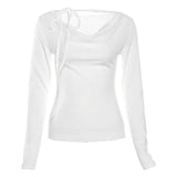 Solid Collar Neck Tie Long Sleeve Knitted TeeOutfit