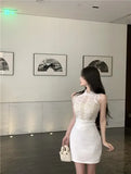 Spicy Girl Lace Stitching Dress Women Summer White Temperament Waist Sleeveless Wrap Hip Short Dress Fashion Lady