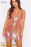 Sexy Women Shiny Solid Color Sleeveless Backless Mini Dress Summer Spaghetti Strap Short Dress for Party Night
